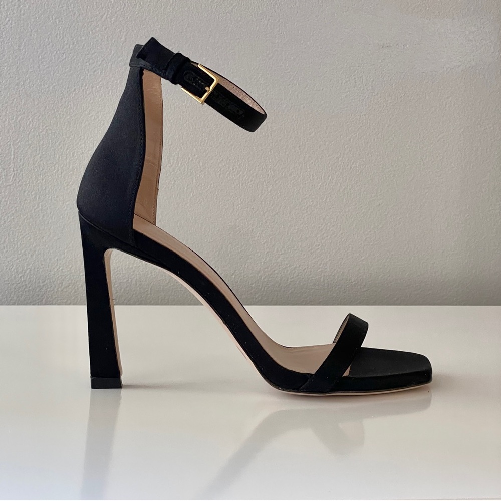 STUART WEITZMAN Black Silk Satin Square Nudist High Heel Sandal